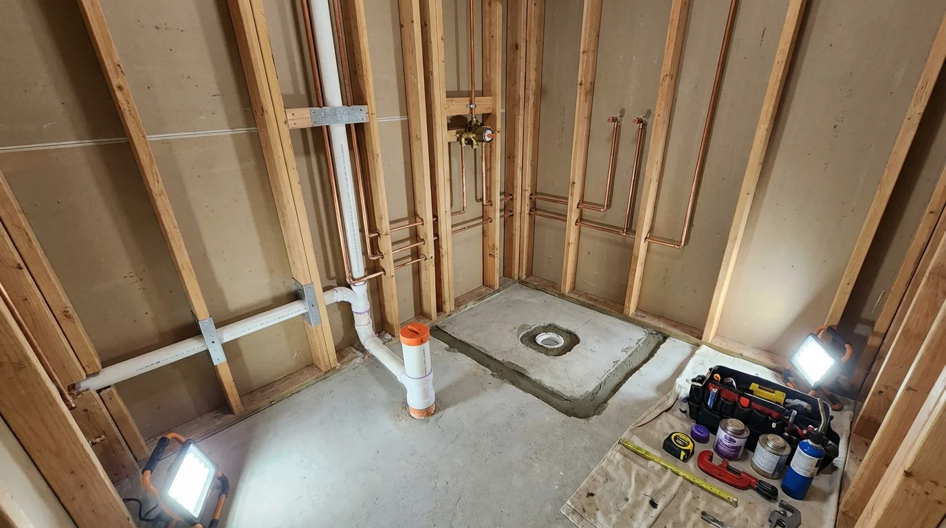 Bathroom rough-in plumbing during remodel by Johns Plumbing LLC in Eleanor