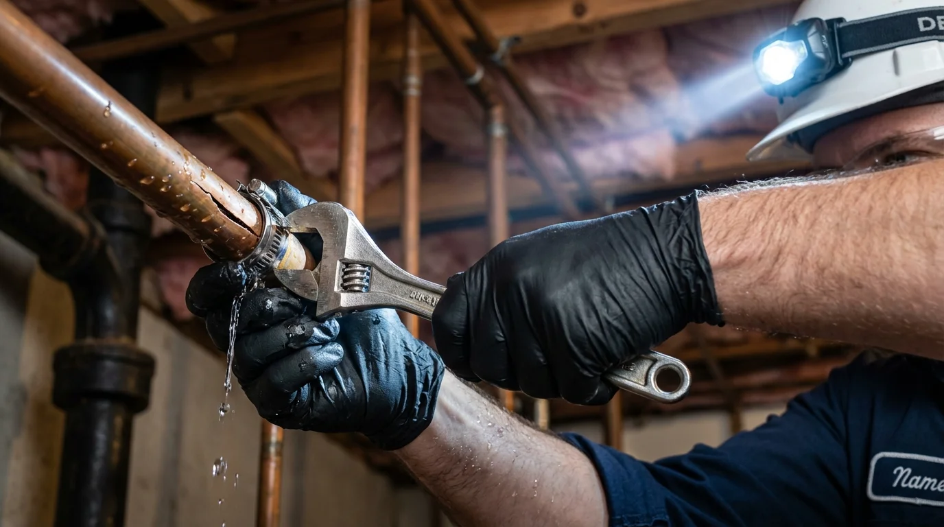 Emergency pipe clamp repair being performed by a Johns Plumbing LLC plumber in Eleanor