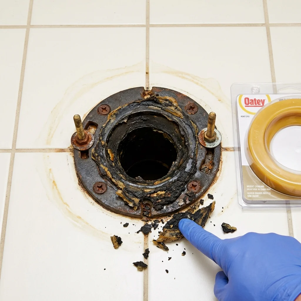Failed wax ring showing water seepage at the base of a toilet in a Eleanor, WV home