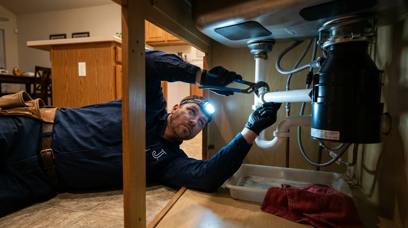 P-trap and supply line connections under a kitchen sink showing a common leak point in Eleanor, WV